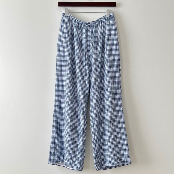 Abercrombie Blue Plaid Linen-Blend Pull-On Wide Leg Drawstring Pants - Picture 1 of 16